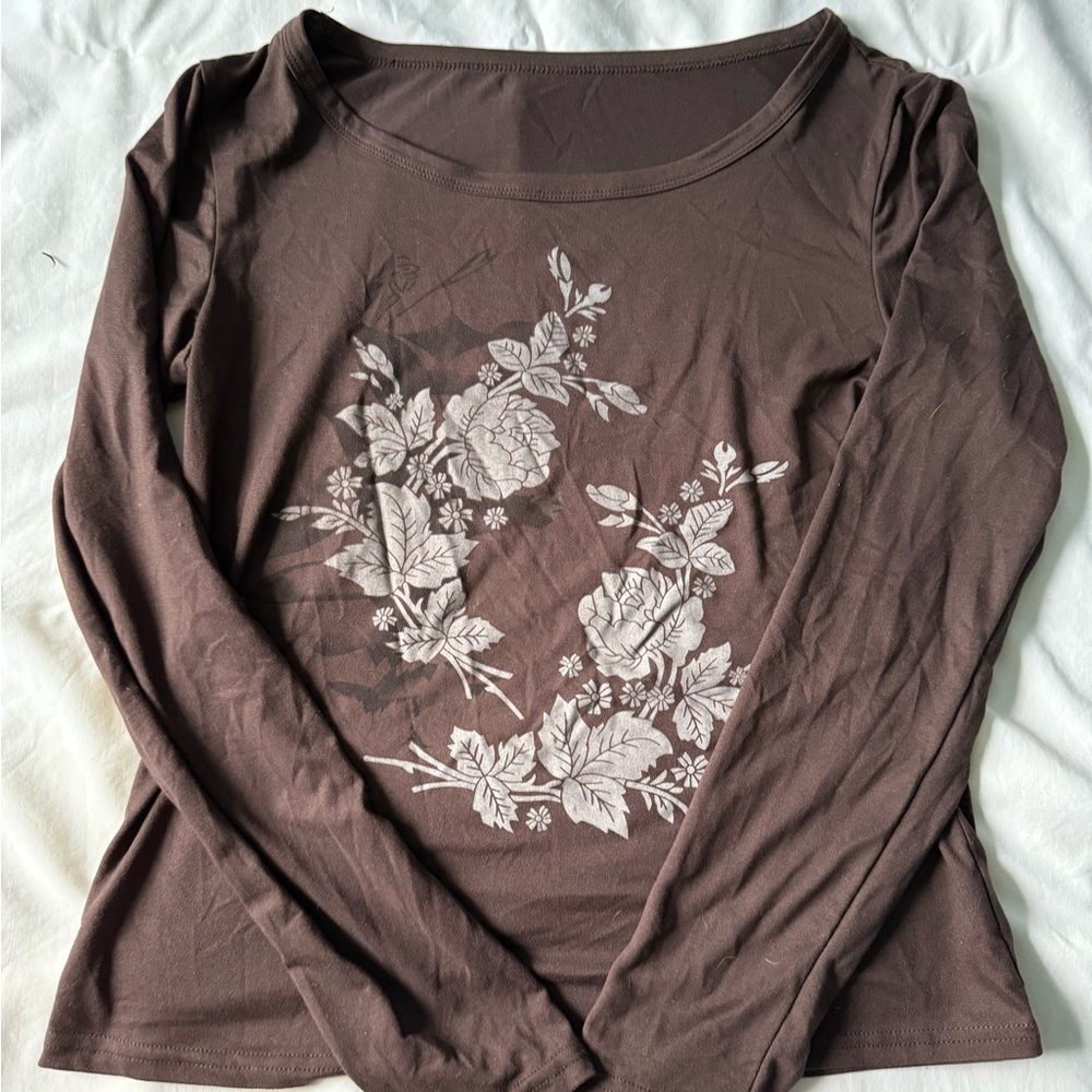 Floral Print Brown Long Sleeve Top